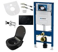 Belvit Wall-Mounted Toilet Complete Set with Bidet Function, Wall Toilet Black with Taharet and UP320 Frame Element, Shut-off Valve, Rimless Ceramic, Toilet Seat with Soft Close Lid and Push Plate