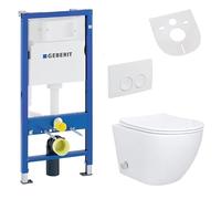 Belvit Wall-Mounted Toilet Complete Set with Bidet Function - Wall Toilet White with Taharet and Geberit UP100, Toilet Lid with Soft-Close Mechanism, Sound Protection, Actuator Plate - Quiet Complete