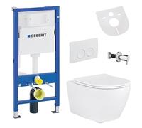 Belvit Wall-Mounted Toilet Complete Set with Bidet Function - Wall Toilet White with Taharet and Geberit UP100, Toilet Lid with Soft-Close Mechanism, Nano Glaze, Actuator Plate and Shut-off Valve