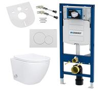 Belvit Wall-Mounted Toilet Complete Set with Bidet Function, Wall Toilet White with Taharet and UP320 Frame Element, Rimless Ceramic, Toilet Seat with Soft Close and Push Plate