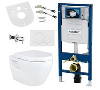 Belvit Wall-Mounted Toilet Complete Set with Bidet Function, Wall Toilet White with Taharet and UP320 Frame Element, Shut-Off Valve, Rimless Ceramic, Toilet Seat with Soft-Close Mechanism and Push