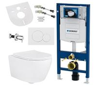 Belvit Wall-Mounted Toilet Complete Set with Bidet Function, White Taharet and UP320 Frame Element, Sound Protection, Shut-Off Valve, Rimless Ceramic, Toilet Seat with Soft-Close Mechanism and Push