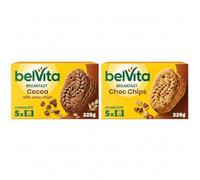 Belvita Chocolate Breakfast Biscuits Bundle, Includes Cocoa & Choc Chips and Choc Chips, 30% Less Sugars, Cereal Snack Bars Multipack, 5 x 45 g (Pack of 20) Total 400 Biscuits