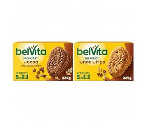 Belvita Chocolate Breakfast Biscuits Bundle, Includes Cocoa & Choc Chips and Choc Chips, 30% Less Sugars, Cereal Snack Bars Multipack, 5 x 45 g (Pack of 20) Total 400 Biscuits