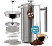 Belwares French Press Coffee Maker 34oz - 304 Stainless Steel Insulated Coffee Press, Double-Wall Heat Resistant Design with 4-Level Filtration System, Rust-Free & Dishwasher Safe (1.5 Liter), Silver