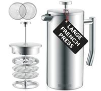 Belwares French Press Coffee Maker - Large 50oz 6-Cup, 304 Stainless Steel Coffee Press, Double Wall Insulated Heat Retention, 4-Level Filtration for Smooth Ground-Free Coffee, 2 Extra Filters, Silver