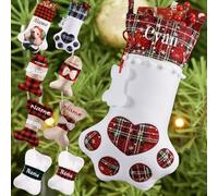 Bemaystar Personalized Dog Christmas Stocking - Buffalo Plaid Dog Paw Christmas Stockings Plush Burlap Custom Cat Christmas Stocking Embroidered Hanging Socks for Christmas Decoration,17"x11"Red