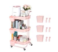Bemece 3 Tier Trolley, Storage Trolley on Wheels with PP Draining Basket for Kitchen Bathroom Laundry and Office(Pink)