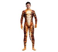 Bemeiren Men's Animal Bodysuit Costume with Big Tail Print Petsuit Spandex Furry Jumpsuit Cosplay Halloween Party, Tiger, Large