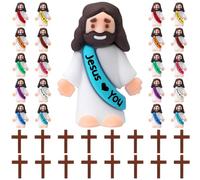 Bememo 36 Pcs Little Jesus Figures Original Design Jesus Loves You Mini Rubber Jesus Toy Wood Cross Pendant to Hide and Seek Religious Party Favors Sunday School Baptism Gift for Easter Egg Stuffers