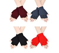 Bememo 4 Pairs Fingerless Gloves Half Finger Mittens Winter Solid Color Knitted Typing Gloves for Boys and Girls (Black, Grey, Wine Red, Red)