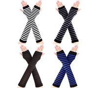 Bememo 4 Pairs Women Knit Arm Warmers Long Fingerless Gloves Knitted Elbow Length Gloves Thumb Hole Gloves Winter (Black White, Black Grey, Black Blue, Black Coffee)