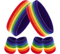 Bememo 6 Pieces Rainbow Color Striped Sweatbands Set, Unisex, All Ages, Multi-Sport: 2 Headbands & 4 Wristbands, Cotton, One Size, 3.15 Inch Width