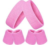 Bememo 6 Pieces Striped Sweatbands Set, Includes 2 Pieces Sports Headband and 4 Pieces Wristbands Sweatbands Colorful Cotton Striped Sweatband Set for Men and Women (Pink, 6 Piece)