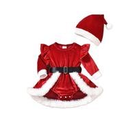 BemeUSWT Baby Girl Christmas Outfit Christmas Dress Red Velvet Dress Ruffle Long Sleeve Romper Santa Clause Party Dress Hat 2Pcs Xmas Clothes Set (Red B, 9-12 Months)
