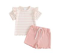BemeUSWT Baby Girl Clothes 6 12 18 24 Months 2T 3T 4T Toddler Girls Clothes Ribbed Knit Crewneck Short Sleeve Tops Elastic Waist Shorts Infant 2Pcs Summer Outfits Set (Pink, 2-3 Years)