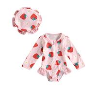 BemeUSWT Baby Swimming Clothes Baby Girl Swimsuit 6 9 12 18 24 Months 2T 3T Toddler Swimwear Long Sleeve Zipper One Piece Beach Bathing Suits + Sun Hat (Two Piece Pink, 12-18 Months)