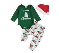 BemeUSWT My First Christmas Baby Boy Outfit Newborn Long Sleeve Romper Lights String Print Long Pants with Hat 3Pcs Cute Christmas Clothes (Green, 9-12 Months)