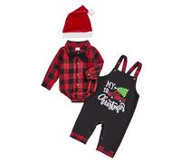 BemeUSWT My First Christmas Baby Boy Outfit Newborn Long Sleeve Romper Shirt Supender Overall Pants Set With Santa Hat Cute Christmas Baby Clothes (1st Black, 6-9 Months)