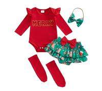 BemeUSWT My First Christmas Baby Girl Outfit 3 6 9 12 18 Months Santa Baby Romper Plaid Ruffle Tutu Skirt Shorts Set Headband Stocking 4pcs Xmas Clothes (Red, 3-6 Months)