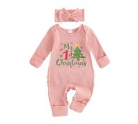BemeUSWT My First Christmas Baby Girl Outfit Newborn Ribbed Knit Romper Santa Hat/Christmas Tree Print Long Sleeve Jumpsuit with Headband Cute Xmas Clothes (Christmas Tree Pink, Newborn)