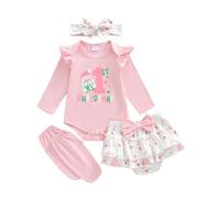 BemeUSWT My First Christmas Baby Girl Outfit Newborn Romper Xmas Tree/Santa Print Long Sleeve Bodysuit Tutu Skirt Shorts Set with Leg Warmers Headband 4PCS Cute Christams Clothes