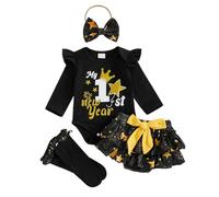 BemeUSWT My First Christmas Baby Girl Outfit Newborn Romper Xmas Tree/Santa Print Long Sleeve Bodysuit Tutu Skirt Shorts Stockings Headband Set Cute Christams Clothes (New Year Black, 0-3 Months)
