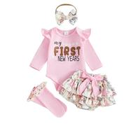BemeUSWT My First Christmas Baby Girl Outfit Newborn Romper Xmas Tree/Santa Print Long Sleeve Bodysuit Tutu Skirt Shorts Stockings Headband Set Cute Christams Clothes (New Year Pink, 6-12 Months)