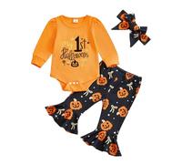 BemeUSWT My First Halloween Baby Girl Outfit Newborn 1st Halloween Embroidery Long Sleeve Romper And Pumpkin Print Flared Bottom Pants Set Cute Halloween Clothes (My 1st Halloween Black, 1-3 Months)