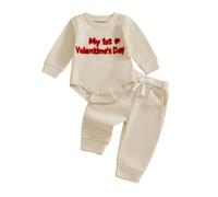 BemeUSWT My First Valentines Baby Boy Outfit Letter Embroidery Long Sleeve Romper Bodysuit and Drawstring Pants 2 Piece Set Coming Home Cute Newborn Clothes (Khaki, 6-9 Months)