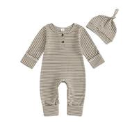 BemeUSWT Newborn Baby Boy Girl Clothes Coming Home Outfit Infant Long Sleeve Cotton Romper Jumpsuit One Piece Outfit with Hat Autumn Winter Clothes (Waffle Stripe Coffee, 1-3 Months)