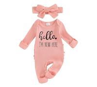 BemeUSWT Newborn Baby Girl Clothes 0 3 6 Months Long Sleeve Footies Romper Onesie Ribbed Knit Jumpsuit Headbad Set Hello Im New Here Coming Home Outfit (Pink, 3-6 Months)