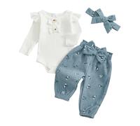BemeUSWT Newborn Baby Girl Clothes Autumn Winter Clothes Long Sleeve Ribbed Romper + Floral Print Corduroy Pants Set + Headband 3Pcs Coming Home Outfit (Light Blue, 0-3 Months)