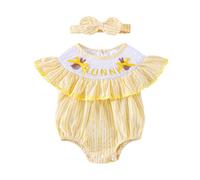 BemeUSWT Newborn Baby Girl Easter Outfit Bunny Bubble Romper Rabbit Carrot Embroidery Smocked Sleeveless Bodysuit with Headband Cute Baby Girl Clothes (Yellow, 0-3 Months)