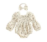 BemeUSWT Newborn Infant Baby Girl Clothes Long Sleeve Smocked Bubble Romper Onesie Floral Print One Piece Cotton Bodysuit with Headband Cute Photoshoot Outfits (Ivory, 0-3 Months)