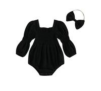 BemeUSWT Newborn Infant Baby Girl Clothes Long Sleeve Smocked Bubble Romper Onesie Floral Print One Piece Cotton Bodysuit with Headband Cute Photoshoot Outfits (Solid Color Black, 3-6 Months)