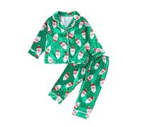 BemeUSWT Toddler Baby Girl Christmas Pyjamas Sets Long Sleeve Satin Silk Pajamas Button Down Shirt Top + Pants 2pcs Little Kid Girls Pjs Nightgown Sleepwear Outfit (Green Santa, 4-5 Years)