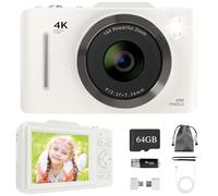 Bemkia 4K Digital Camera 48MP Compact FHD 64GB SD Card with 16X Zoom, Anti-Shake, 2.8" LCD - Portable Vlogging Camera for Kids & Beginners (White)