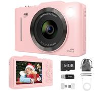 Bemkia Digital Camera 4K 48MP - 16X Zoom & 2.8" LCD Screen, Autofocus | Anti-Shake, All-in-One Vlogging Camera with 64GB Memory Card for Kids Beginners Students (Pink)