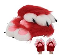 Bemonew 1 Pair Fursuit Paws Cute Simulation Soft Furry Plush Cat Paw Gloves with BB Whistle Costume Accessories for Cosplay Party Ball, Red