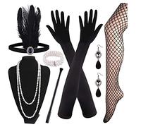 Bemonew 1920s Headband 7 Pieces 1920s Flapper Great Accessories Set Fashion Roaring 20's Theme Set with Headband Headpiece Long Black Gloves Necklace Earrings for Women