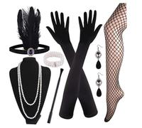 Bemonew 1920s Headband 7 Pieces 1920s Flapper Great Accessories Set Fashion Roaring 20's Theme Set with Headband Headpiece Long Black Gloves Necklace Earrings for Women