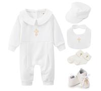 Bemonew Baby Boy Christening Outfit Baptism Outfits for Boys Soft Cotton Baptism Boy Outfit with Hat, Bib, Socks, Shoes Long Sleeve Christening White Suit 80cm