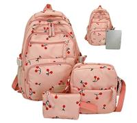 Bemonew Cherry Backpack for Girls 3Pcs/Set Cherry Backpack for Girls, Large Capacity Nylon Bookbag with Messenger Bag & Small Pouch Aesthetic Daypack Rucksack