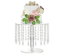 Bemonew Crystal Cake Stand, Clear Acrylic Cake Stand with Hanging Beads Dessert Display for Party Table Decoration, Large 9.84x7.87 inch