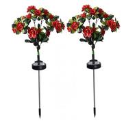 Bemonew Garden Ornaments, 2Pcs Solar Azalea Garden Lights, Cemetery Grave Decorations, Smart Waterproof Led Artificial Flower Stakes (Red)
