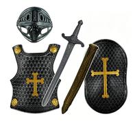 Bemonew Medieval Armor 4PCS/Set Knight Costume Kids, Vintage Cross Medieval Knight Armor with Sword, Shield & Helmet Lightweight for Role Play & Performance- Black