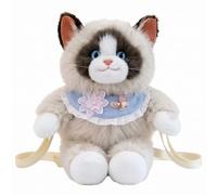Bemonew Stuffed Animal Backpack, Cute Ragdoll Cat Plush With Lace Bib & Embroidery, Plush Backpack For Outings Light Brown