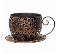 Bemonew Teacup Planter, Vintage Coffee Cup Shape Decorative Planter With Hollow Floral Pattern, Handle & Tray For Yard, Café - Bronze