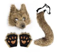 Bemonew wolf mask Therian Wolf Mask, Therian Tail & Knitted Paw Gloves Set Realistic Furry Costume Kit, Brown